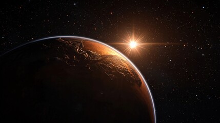 Obraz premium A stunning view of a planet in space, illuminated by a distant sun, set against a backdrop of twinkling stars.