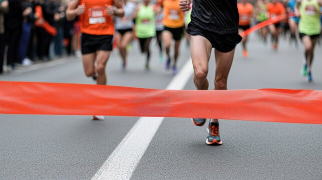 A dynamic running scene captures athletes racing towards the finish line, with the orange ribbon symbolizing the end of the competition.