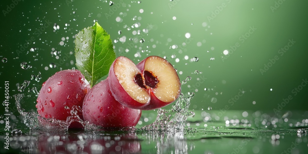 Poster fresh red plums splashing in water with green background