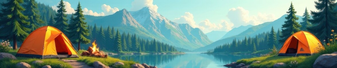 High-detail vector illustrations of diverse camping equipment and scenic elements , adventure, mug, camping gear