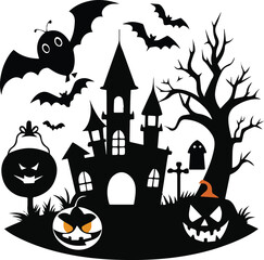 A spooky Halloween night illustration features a haunted house silhouette.