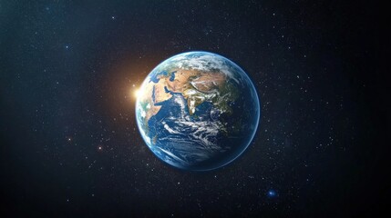 Obraz premium A stunning view of Earth from space, showcasing continents, oceans, and the sun illuminating the planet against a backdrop of stars.