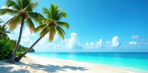 Slender palm trees stand tall against a vibrant blue ocean and sandy beach , horizon, scenic