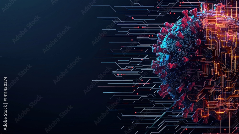 Poster a digital representation of a virus, surrounded by intricate circuitry, symbolizing the intersection