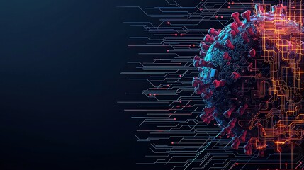 A digital representation of a virus, surrounded by intricate circuitry, symbolizing the intersection of technology and health.