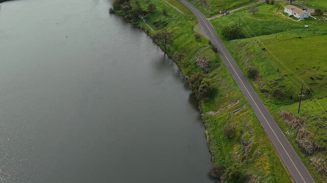 A bird's eye aerial view of Lake McClure Road near Merced Falls.