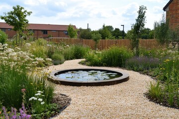 Serene garden with a pond, pebbles path, and wildflowers on a sunny day. It shows tranquility for a design, architecture, or lifestyle concept.