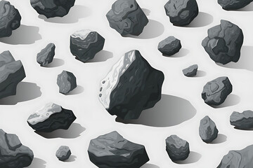 Collection of rocks are scattered across a white background