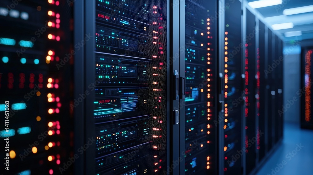 Poster a high-tech server room filled with racks of servers, illuminated by colorful led lights, showcasing