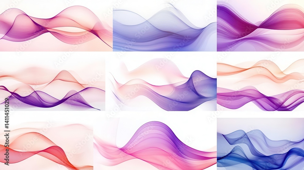 Poster abstract wave patterns in various colors create a visually soothing composition, blending hues of pi