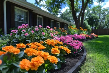 Obraz premium Vibrant flowerbeds line a home's yard