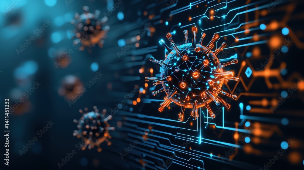 Poster a digital representation of a virus with circuitry, illustrating the intersection of technology and 