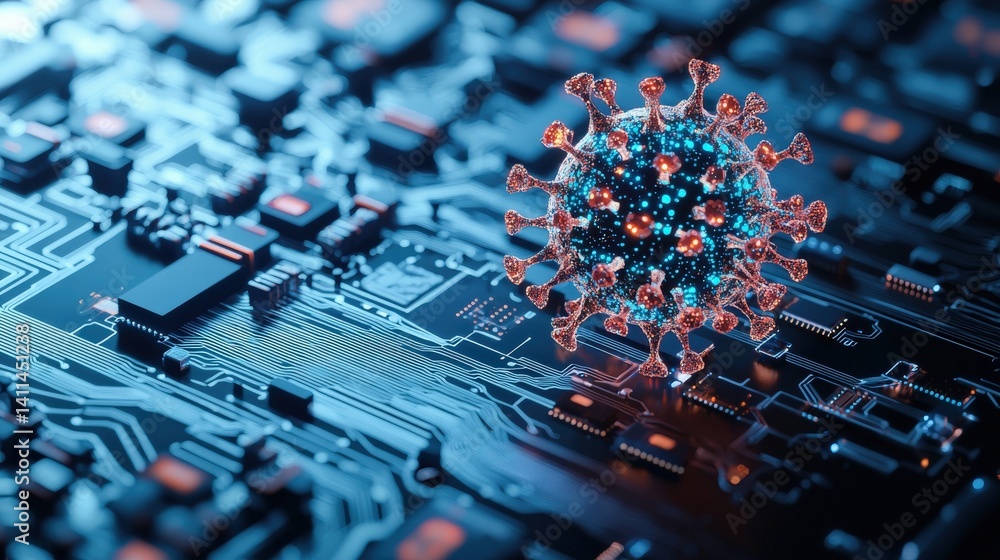 Poster a digital representation of a virus on a circuit board, symbolizing the intersection of technology a