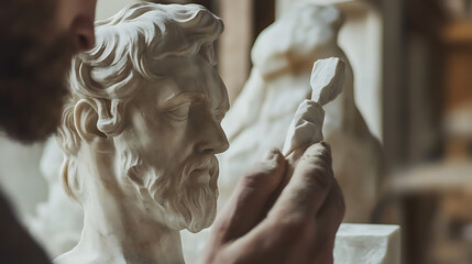 A sculptor carving a marble statue. Featuring delicate techniques and focus