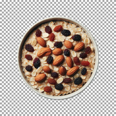 A bowl of oatmeal topped with a variety of nuts and raisins, Healthy Oatmeal Bowl with Almonds and Raisins Topping on transparent background, png, psd
