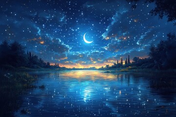 Serene lake at night under a starry sky