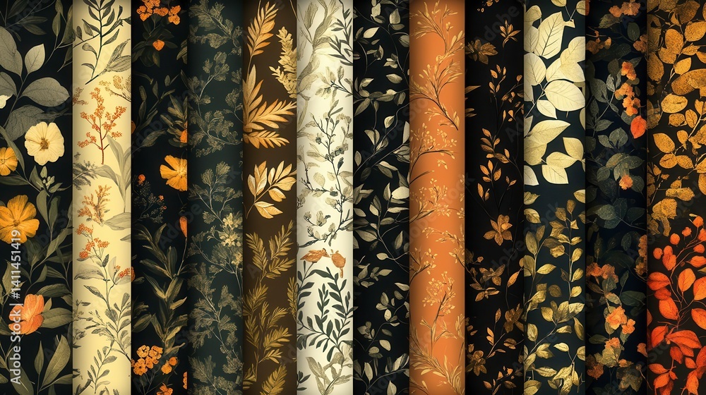 Poster a vibrant pattern featuring various floral designs in autumn colors against dark backgrounds, creati