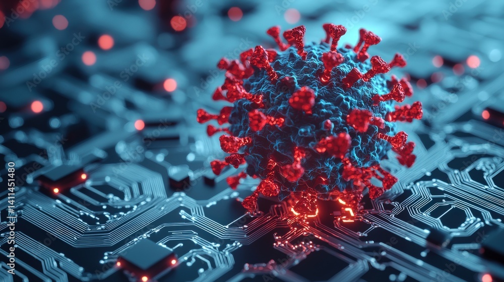 Poster a digital representation of a virus overlaid on a circuit board, symbolizing the intersection of tec