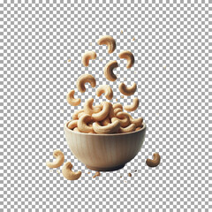 A bowl of oatmeal topped with a variety of nuts and raisins, Cashew Nuts Pouring into Bowl - Isolated on transparent background, png, psd
