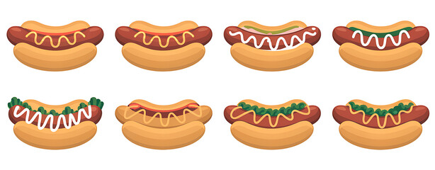 Row of hot dogs with different toppings