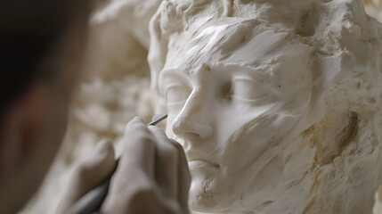 A sculptor chiseling a statue from marble. Featuring fine details and artistry