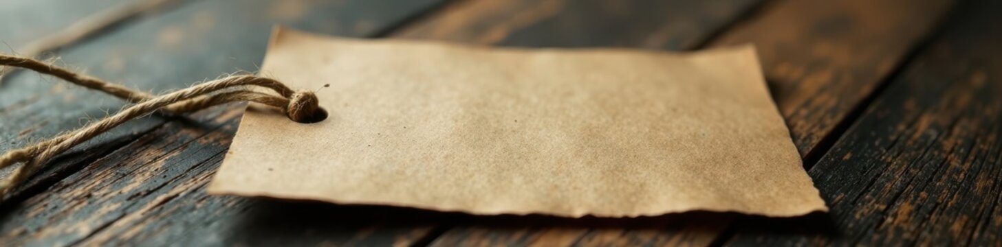 Low angle view of brown paper tag with string , string, macro