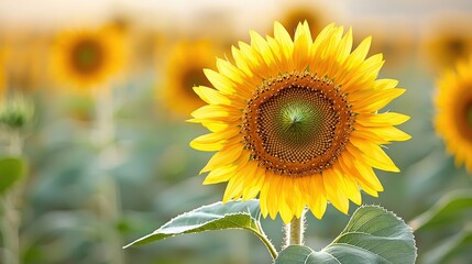 Fototapeta premium A vibrant sunflower stands prominently, surrounded by a field of sunflowers, showcasing its bright yellow petals and intricate seed pattern.