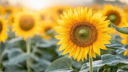 Obraz premium A vibrant sunflower stands out amidst a field of blooming sunflowers, capturing the essence of summer with its bright yellow petals and rich green leaves.