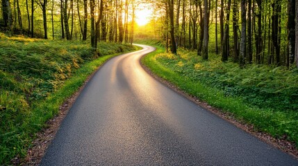 Fototapeta premium A winding road through a lush green forest, illuminated by the warm glow of the setting sun, creating a serene and picturesque landscape.