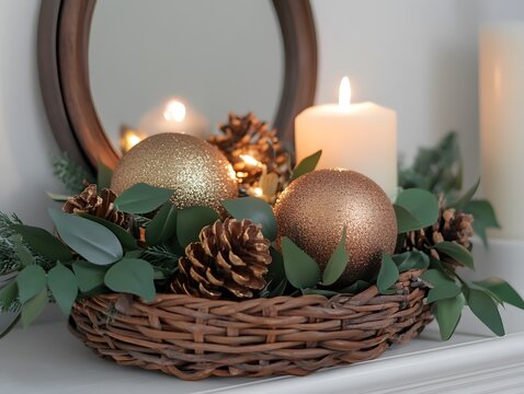 Elegant Christmas Decor: Gold Ornaments, Pine Cones, and Candlelight in Rustic Basket