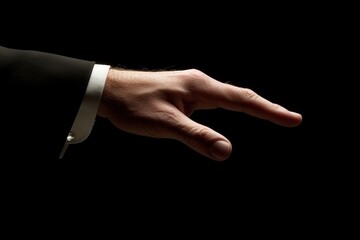 Elegant hand gesture in formal attire against a dark background, conveying authority and poise