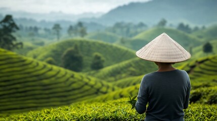 Fototapeta premium Woman harvesting tea, misty mountain terraces, Vietnam, agriculture