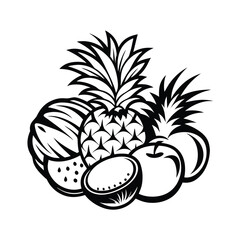 Black and White Line Art Still Life with Pineapple, Apple, Melon, and Coconut