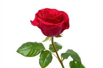 Fototapeta premium A single red rose with leaves isolated on white background