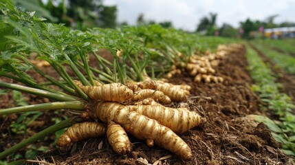 Freshly Harvested Golden Turmeric Roots in a Lush Farm Field A Vibrant View of Organic Agriculture