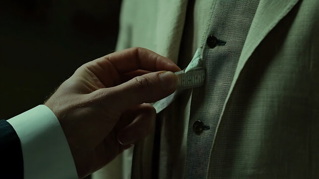 A tailor measuring fabric for a suit. Featuring precision and design