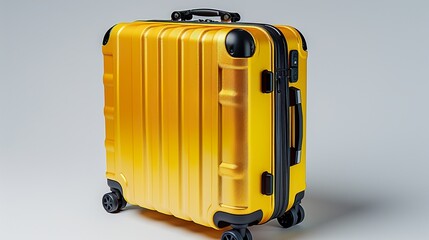 On a sunny summer day, stylish light suitcase for traveling sits elegantly against a pristine white  