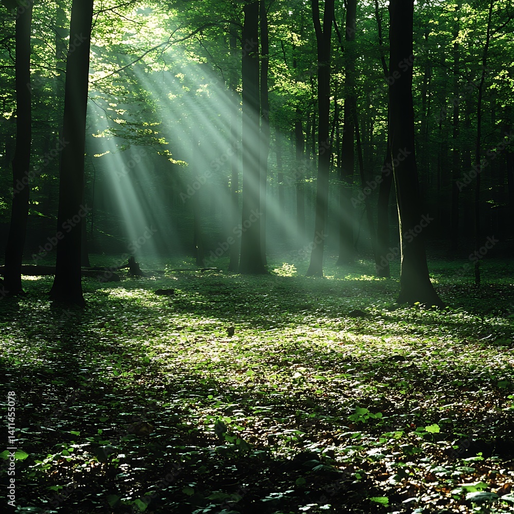Poster sunlight streaming through forest trees showing a beautiful forest scene