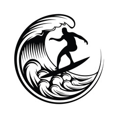 Black and White Silhouette Surfer Riding a Wave with Dynamic Water Details
