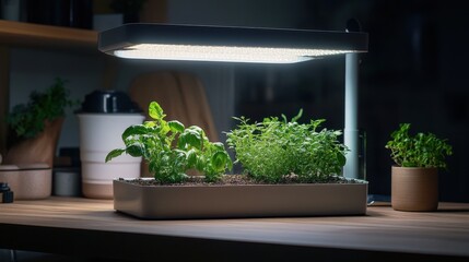 Indoor herb garden with LED grow light on a wooden countertop. Showcase fresh herbs, sustainable living, or modern kitchen design.