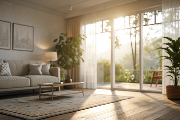 Fototapeta premium Blur living room at home with morning sunlight at big window for background usage. blur interior background concept. white, britht tone.