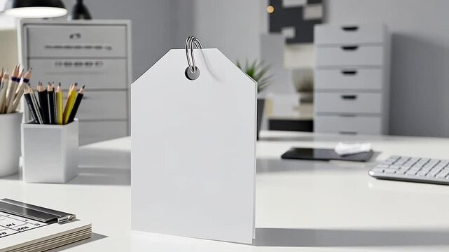 Elegant office scene with blank tag for customization on a modern desk setup