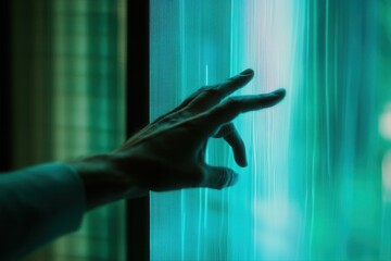 Human hand reaching towards a glowing, translucent screen in a dimly lit room