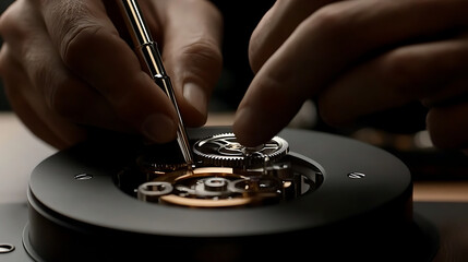 A watchmaker assembling the intricate gears of a timepiece. Featuring fine craftsmanship and delicate tools