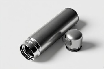 Stainless steel thermos bottle with removable lid.