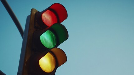 City street traffic light showing green, low angle, clear sky