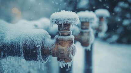 Frozen Pipes Covered in Snow and Ice During Winter