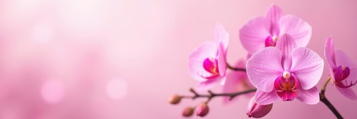 Obraz premium Soft pink background, delicate orchids, spring floral greeting card , banner, elegant, texture