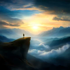Gordijnen A serene mountain landscape at dawn with a lone figure gazing at the sunrise. © Pattypatt