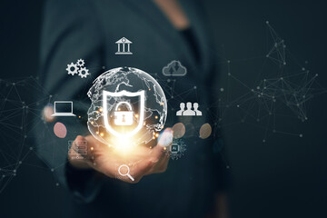 Businessman finger touching padlock icon.Cybersecurity protection concept.Innovative digital crime prevention technology.Financial data protection financial transaction security.